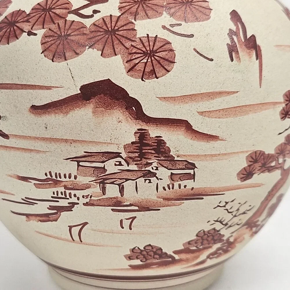Kutani Satsuma Vase Planter Vintage Red Scenic Handpainted Porcelain Japan